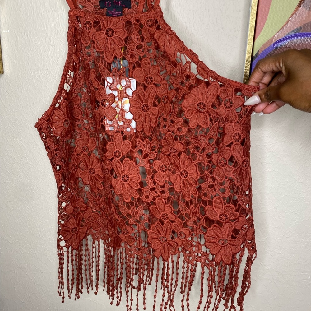 Burnt Orange Sleeveless Asymmetrical Embellished Tank Top